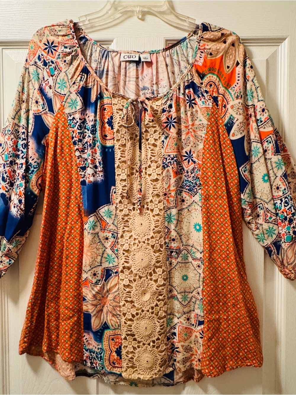 Cato Mixed-Print Crochet Front Tunic in Orange, Blue & Cream